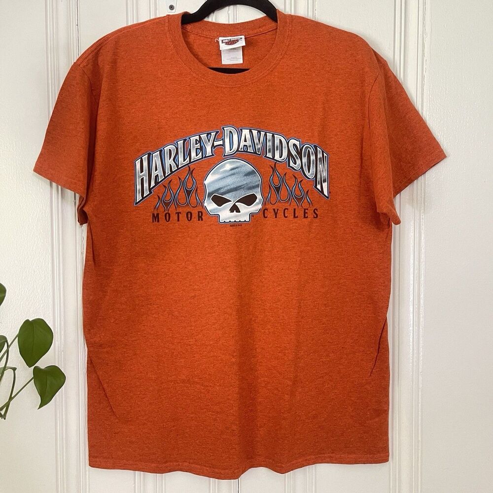 Harley-Davidson Men Orange Skull Graphic Logo Beach House Shallotte NC T-Shirt L